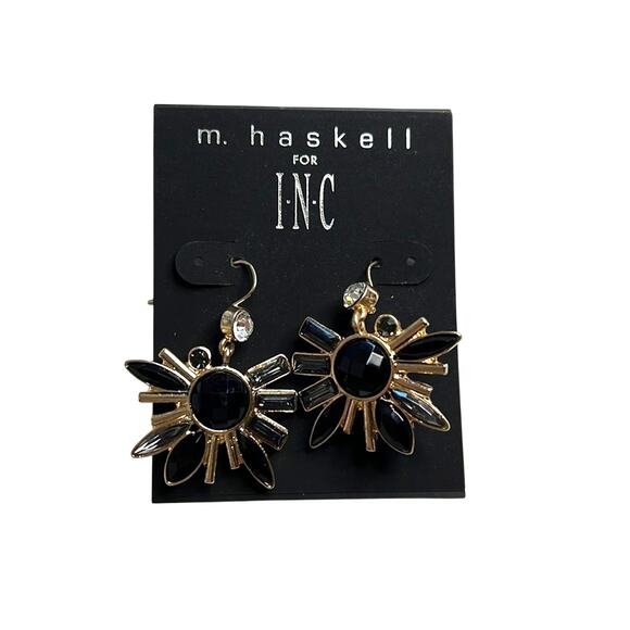 INC International Concepts Gold Floral Stud Earrings w/ Black Gemstones, NWT - Picture 1 of 3